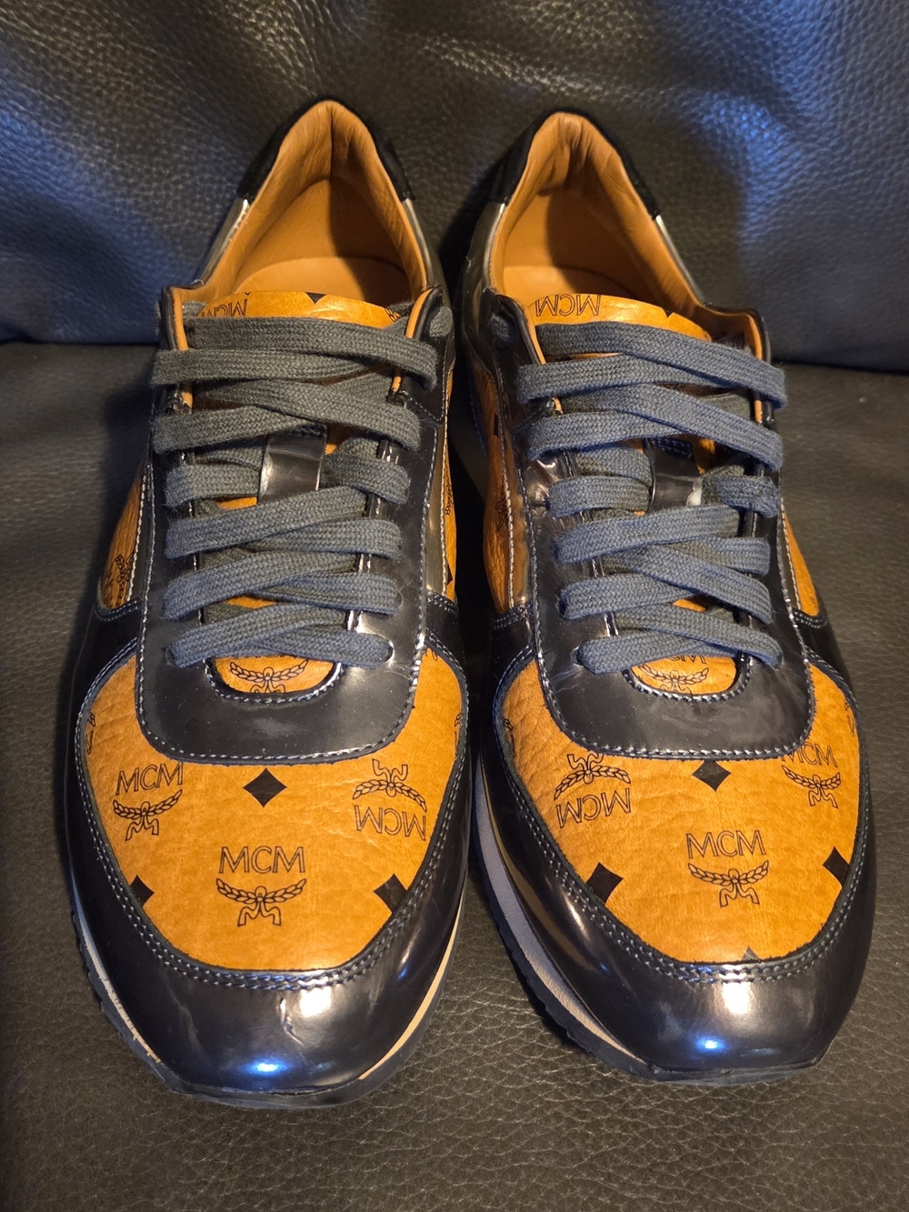 MCM Men's Cognac and Black Logo-Print Low-Top Sneakers